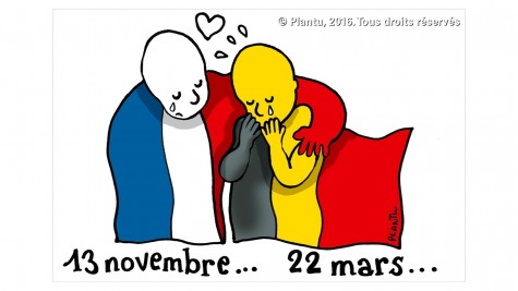French cartoonist Jean Plantureux, who goes by Plantu, drew an emotional cartoon for French newspaper Le Monde. A crying person draped in a French flag hugs a crying person with a Belgian flag, suggesting solidarity between the two countries. The dates beneath each figure signify the November 13 Paris attacks and the March 22 Brussels attacks.
