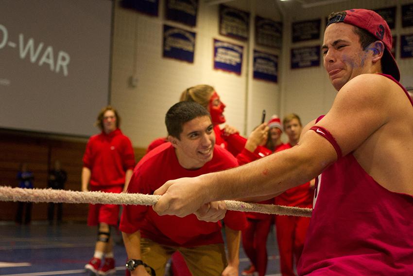 Senior Andy Lowney cheers on classmate Evan Spohn during last years Tug of War battle between juniors and seniors. Who will be victorious this year?