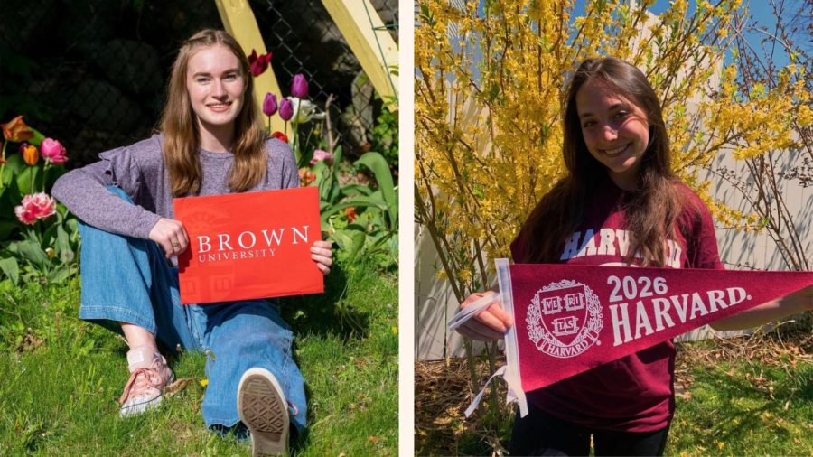 Sabrina Tolppi (Left) and Maddy Gates (Right) announcing that they will be attending Brown University and Harvard University.