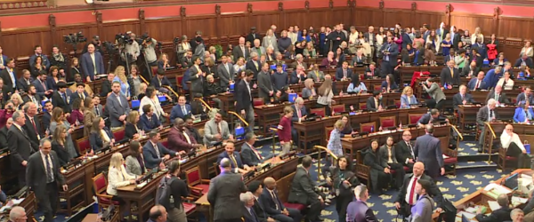 Picture of the Connecticut House of Representatives, completely full, on the opening day of the 2025 session.
